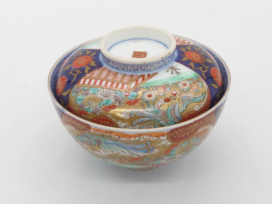 明治期　伊万里焼　色絵　桃印　鳳凰菊雷文　約12cm　4.1寸　色鮮やかな染付と金彩で装飾された豪華な蓋付き茶碗5客セット(金彩、器、どんぶり、和皿、和食器、四寸一分)(R-077414)