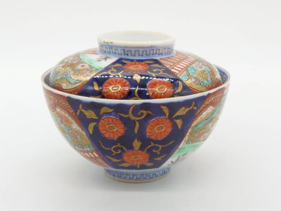 明治期　伊万里焼　色絵　桃印　鳳凰菊雷文　約12cm　4.1寸　色鮮やかな染付と金彩で装飾された豪華な蓋付き茶碗5客セット(金彩、器、どんぶり、和皿、和食器、四寸一分)(R-077414)