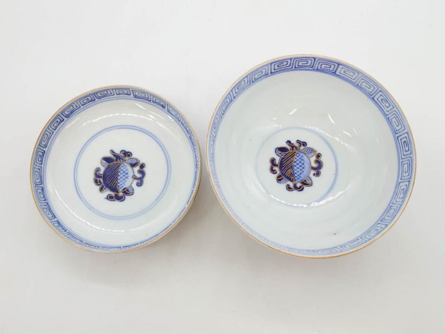 明治期　伊万里焼　色絵　桃印　鳳凰菊雷文　約12cm　4.1寸　色鮮やかな染付と金彩で装飾された豪華な蓋付き茶碗5客セット(金彩、器、どんぶり、和皿、和食器、四寸一分)(R-077414)