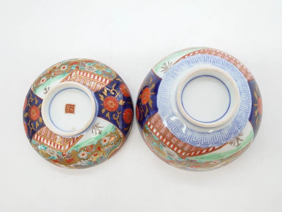 明治期　伊万里焼　色絵　桃印　鳳凰菊雷文　約12cm　4.1寸　色鮮やかな染付と金彩で装飾された豪華な蓋付き茶碗5客セット(金彩、器、どんぶり、和皿、和食器、四寸一分)(R-077414)