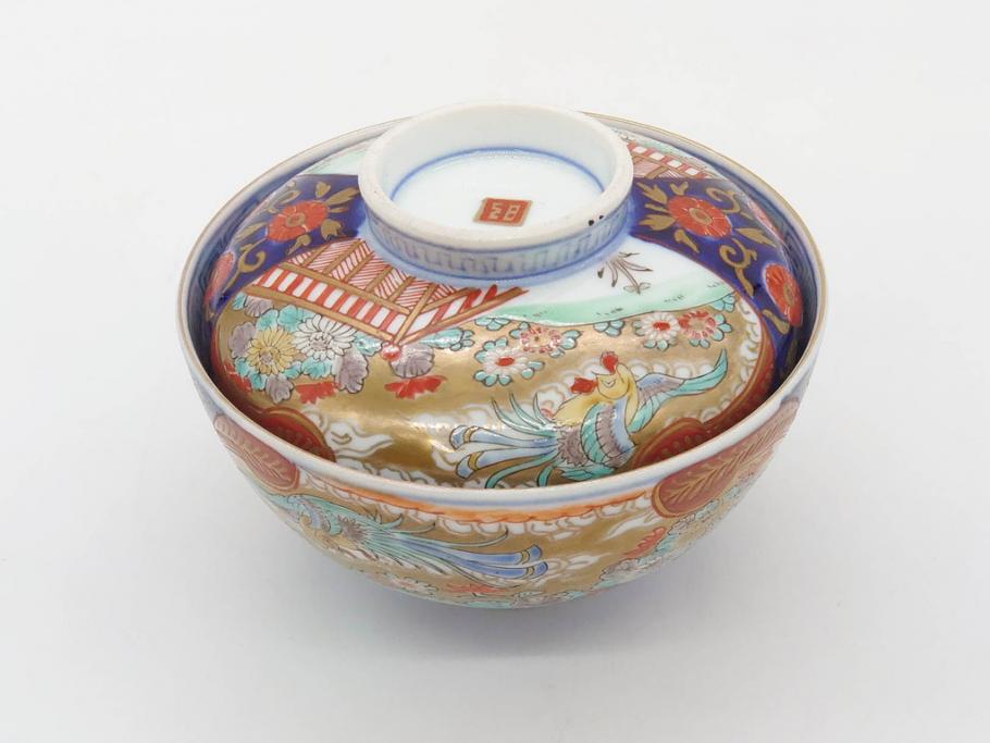 明治期　伊万里焼　色絵　桃印　鳳凰菊雷文　約12cm　4.1寸　色鮮やかな染付と金彩で装飾された豪華な蓋付き茶碗5客セット(金彩、器、どんぶり、和皿、和食器、四寸一分)(R-077414)