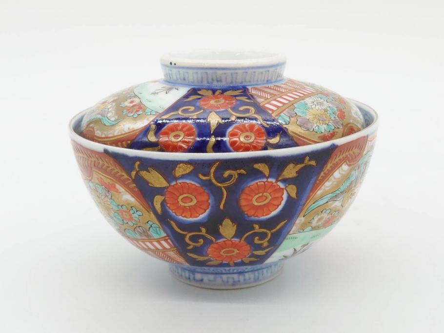 明治期　伊万里焼　色絵　桃印　鳳凰菊雷文　約12cm　4.1寸　色鮮やかな染付と金彩で装飾された豪華な蓋付き茶碗5客セット(金彩、器、どんぶり、和皿、和食器、四寸一分)(R-077414)