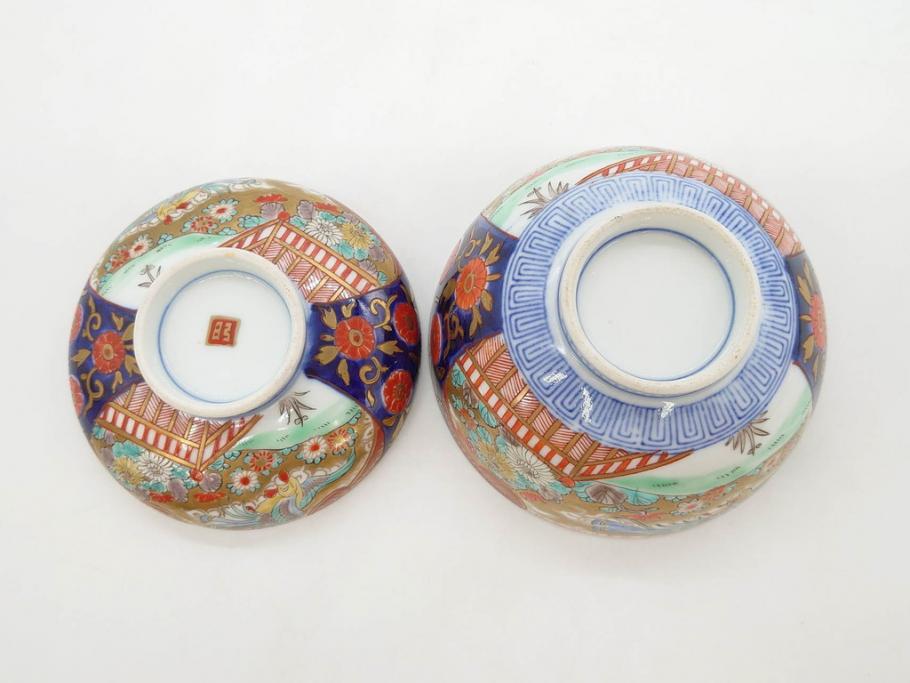 明治期　伊万里焼　色絵　桃印　鳳凰菊雷文　約12cm　4.1寸　色鮮やかな染付と金彩で装飾された豪華な蓋付き茶碗5客セット(金彩、器、どんぶり、和皿、和食器、四寸一分)(R-077414)