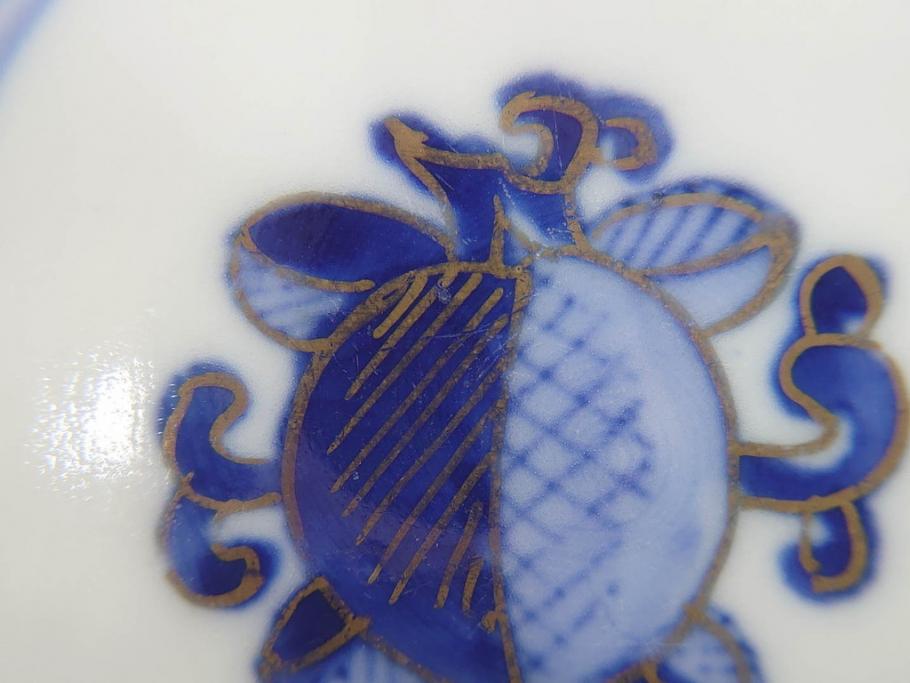 明治期　伊万里焼　色絵　桃印　鳳凰菊雷文　約12cm　4.1寸　色鮮やかな染付と金彩で装飾された豪華な蓋付き茶碗5客セット(金彩、器、どんぶり、和皿、和食器、四寸一分)(R-077414)