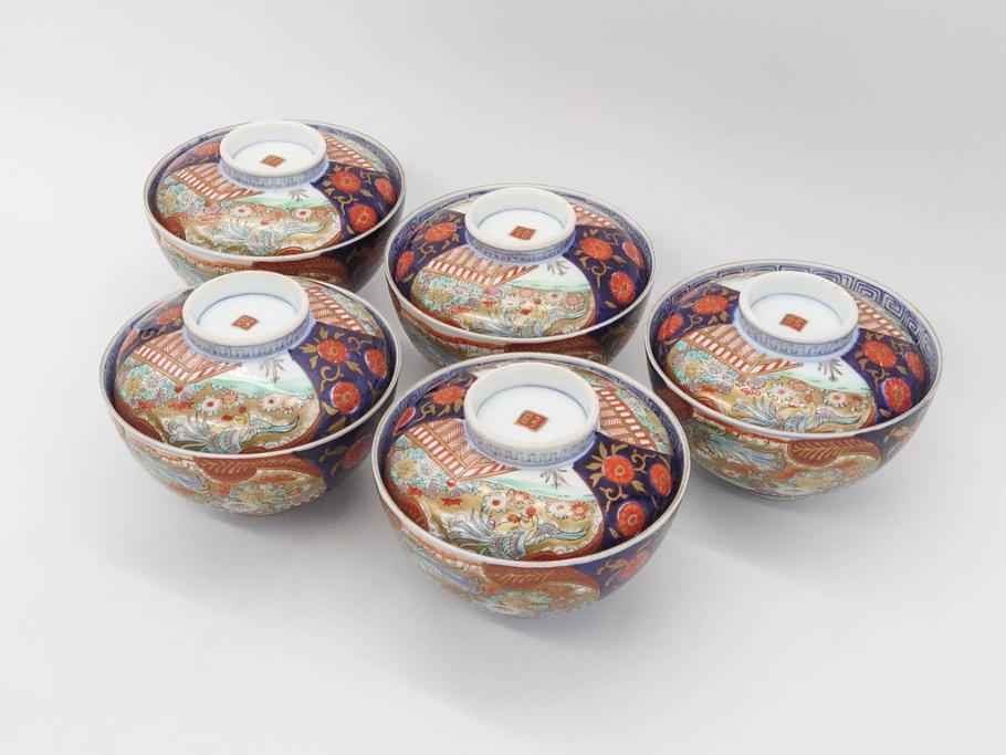 明治期　伊万里焼　色絵　桃印　鳳凰菊雷文　約12cm　4.1寸　色鮮やかな染付と金彩で装飾された豪華な蓋付き茶碗5客セット(金彩、器、どんぶり、和皿、和食器、四寸一分)(R-077415)