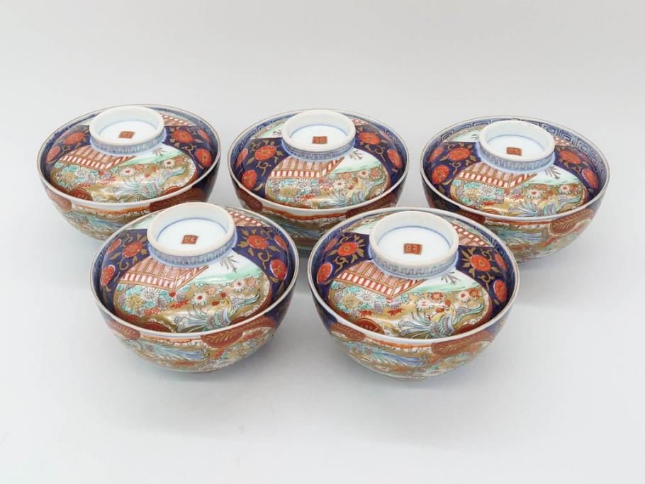 明治期　伊万里焼　色絵　桃印　鳳凰菊雷文　約12cm　4.1寸　色鮮やかな染付と金彩で装飾された豪華な蓋付き茶碗5客セット(金彩、器、どんぶり、和皿、和食器、四寸一分)(R-077415)