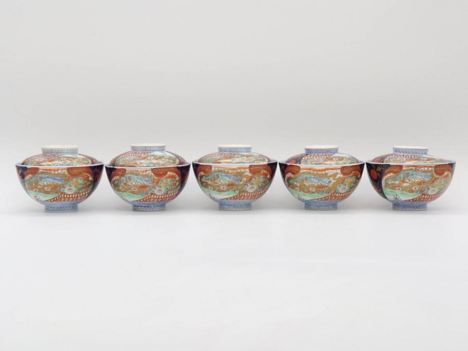 明治期　伊万里焼　色絵　桃印　鳳凰菊雷文　約12cm　4.1寸　色鮮やかな染付と金彩で装飾された豪華な蓋付き茶碗5客セット(金彩、器、どんぶり、和皿、和食器、四寸一分)(R-077415)