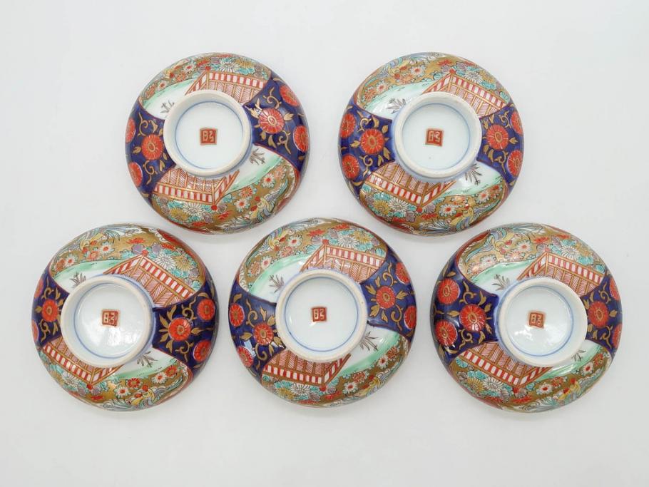 明治期　伊万里焼　色絵　桃印　鳳凰菊雷文　約12cm　4.1寸　色鮮やかな染付と金彩で装飾された豪華な蓋付き茶碗5客セット(金彩、器、どんぶり、和皿、和食器、四寸一分)(R-077415)