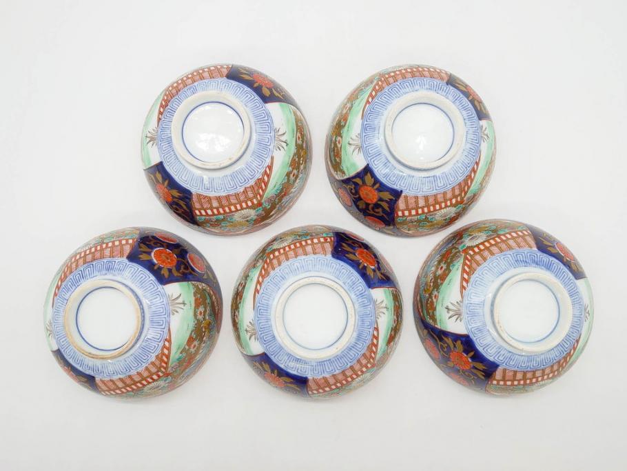 明治期　伊万里焼　色絵　桃印　鳳凰菊雷文　約12cm　4.1寸　色鮮やかな染付と金彩で装飾された豪華な蓋付き茶碗5客セット(金彩、器、どんぶり、和皿、和食器、四寸一分)(R-077415)