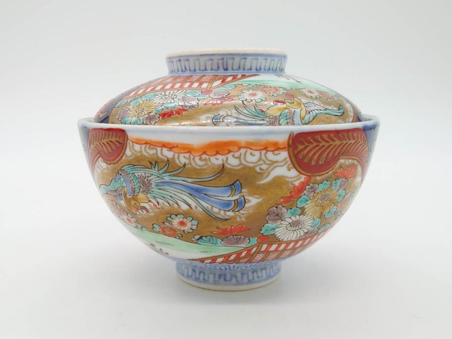 明治期　伊万里焼　色絵　桃印　鳳凰菊雷文　約12cm　4.1寸　色鮮やかな染付と金彩で装飾された豪華な蓋付き茶碗5客セット(金彩、器、どんぶり、和皿、和食器、四寸一分)(R-077415)