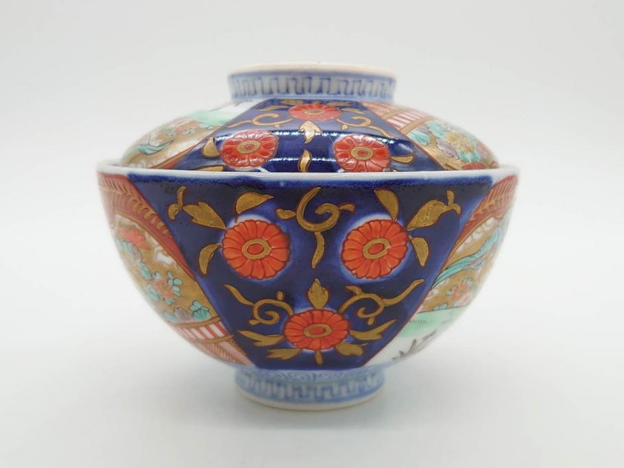 明治期　伊万里焼　色絵　桃印　鳳凰菊雷文　約12cm　4.1寸　色鮮やかな染付と金彩で装飾された豪華な蓋付き茶碗5客セット(金彩、器、どんぶり、和皿、和食器、四寸一分)(R-077415)