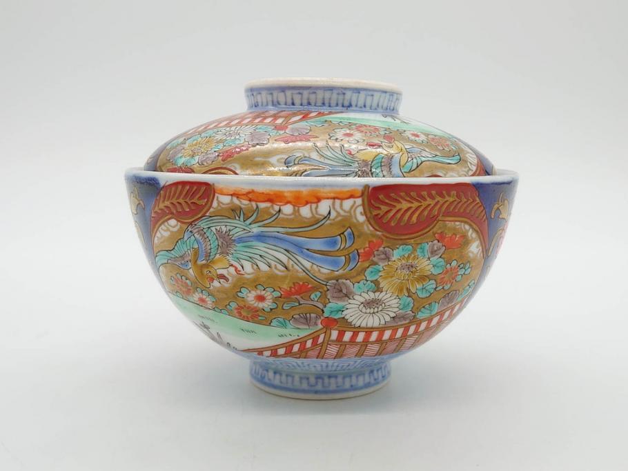 明治期　伊万里焼　色絵　桃印　鳳凰菊雷文　約12cm　4.1寸　色鮮やかな染付と金彩で装飾された豪華な蓋付き茶碗5客セット(金彩、器、どんぶり、和皿、和食器、四寸一分)(R-077415)