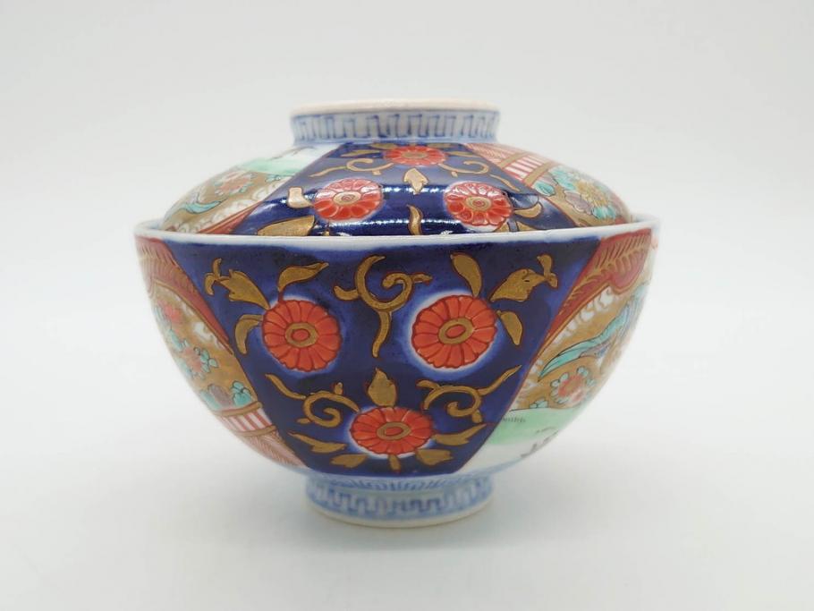 明治期　伊万里焼　色絵　桃印　鳳凰菊雷文　約12cm　4.1寸　色鮮やかな染付と金彩で装飾された豪華な蓋付き茶碗5客セット(金彩、器、どんぶり、和皿、和食器、四寸一分)(R-077415)