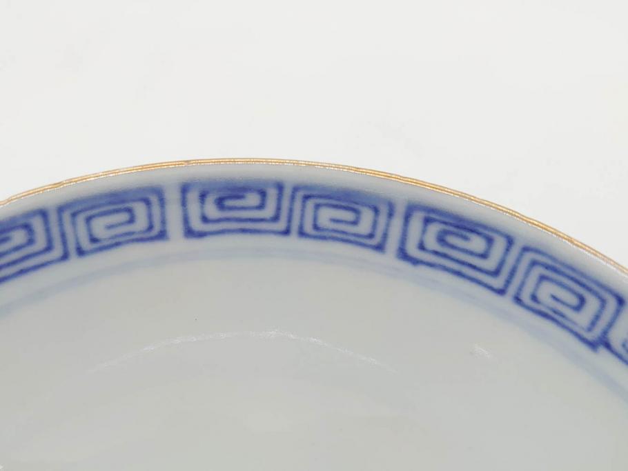 明治期　伊万里焼　色絵　桃印　鳳凰菊雷文　約12cm　4.1寸　色鮮やかな染付と金彩で装飾された豪華な蓋付き茶碗5客セット(金彩、器、どんぶり、和皿、和食器、四寸一分)(R-077415)