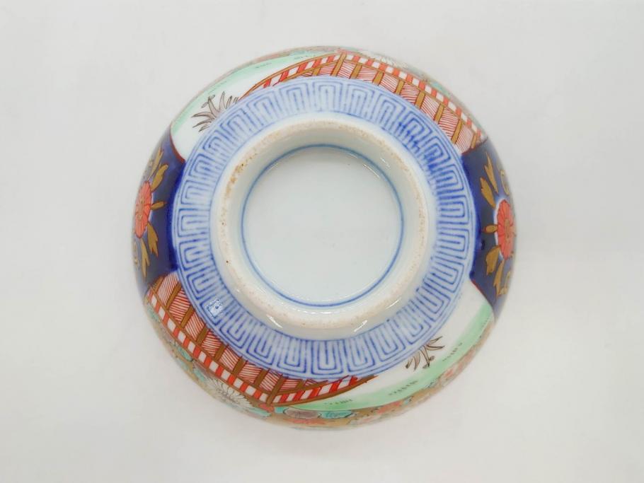 明治期　伊万里焼　色絵　桃印　鳳凰菊雷文　約12cm　4.1寸　色鮮やかな染付と金彩で装飾された豪華な蓋付き茶碗5客セット(金彩、器、どんぶり、和皿、和食器、四寸一分)(R-077415)