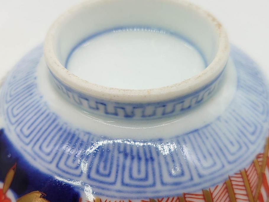 明治期　伊万里焼　色絵　桃印　鳳凰菊雷文　約12cm　4.1寸　色鮮やかな染付と金彩で装飾された豪華な蓋付き茶碗5客セット(金彩、器、どんぶり、和皿、和食器、四寸一分)(R-077415)