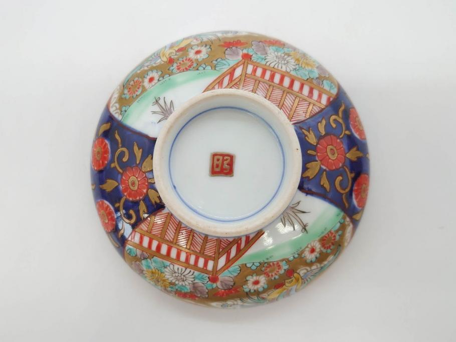 明治期　伊万里焼　色絵　桃印　鳳凰菊雷文　約12cm　4.1寸　色鮮やかな染付と金彩で装飾された豪華な蓋付き茶碗5客セット(金彩、器、どんぶり、和皿、和食器、四寸一分)(R-077415)