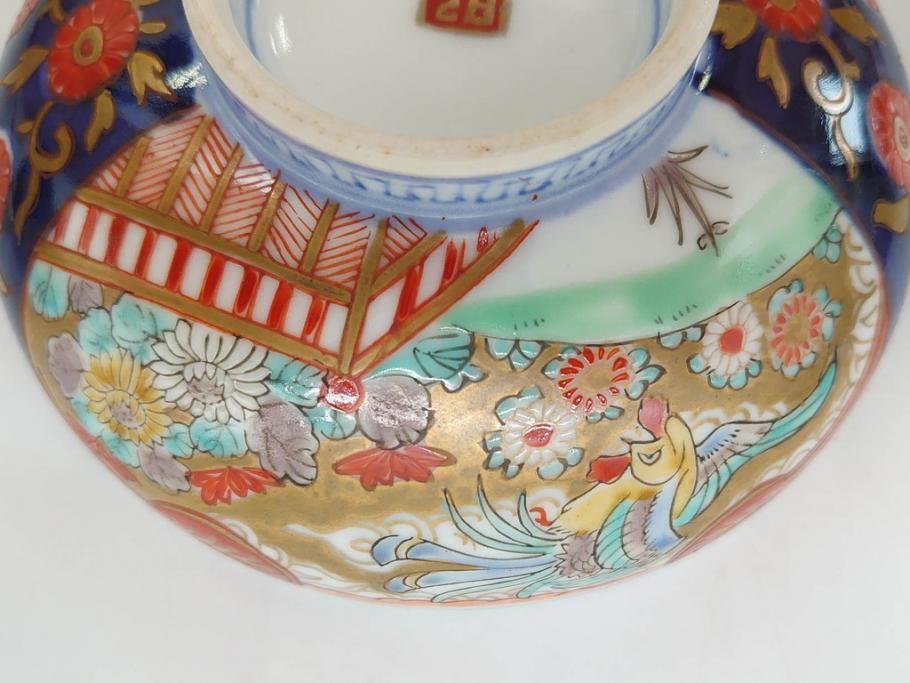明治期　伊万里焼　色絵　桃印　鳳凰菊雷文　約12cm　4.1寸　色鮮やかな染付と金彩で装飾された豪華な蓋付き茶碗5客セット(金彩、器、どんぶり、和皿、和食器、四寸一分)(R-077415)