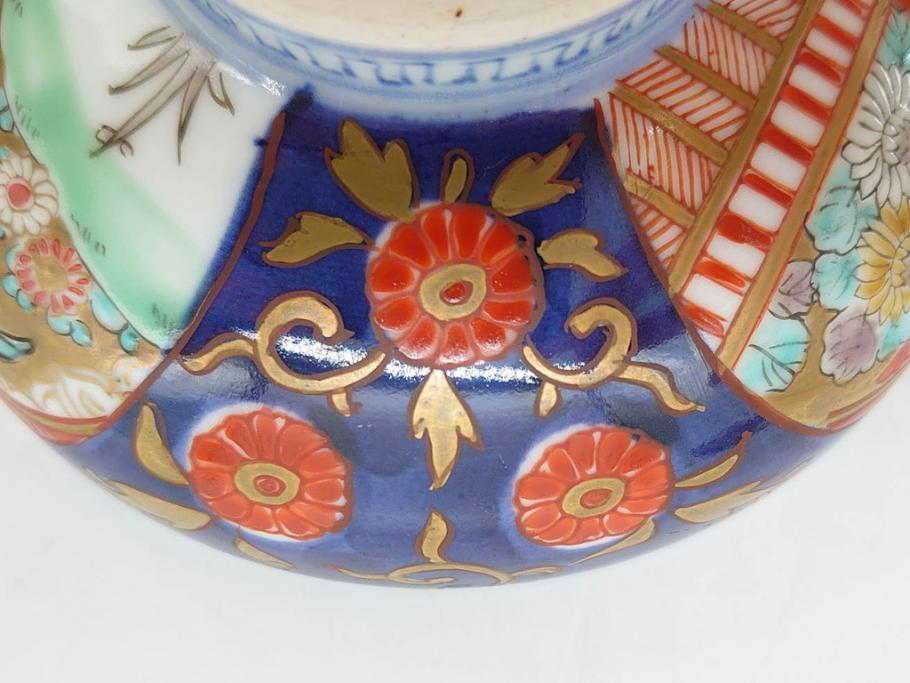 明治期　伊万里焼　色絵　桃印　鳳凰菊雷文　約12cm　4.1寸　色鮮やかな染付と金彩で装飾された豪華な蓋付き茶碗5客セット(金彩、器、どんぶり、和皿、和食器、四寸一分)(R-077415)