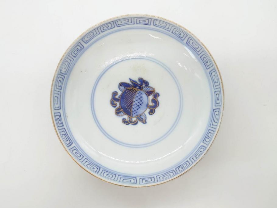 明治期　伊万里焼　色絵　桃印　鳳凰菊雷文　約12cm　4.1寸　色鮮やかな染付と金彩で装飾された豪華な蓋付き茶碗5客セット(金彩、器、どんぶり、和皿、和食器、四寸一分)(R-077415)