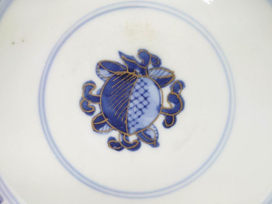 明治期　伊万里焼　色絵　桃印　鳳凰菊雷文　約12cm　4.1寸　色鮮やかな染付と金彩で装飾された豪華な蓋付き茶碗5客セット(金彩、器、どんぶり、和皿、和食器、四寸一分)(R-077415)