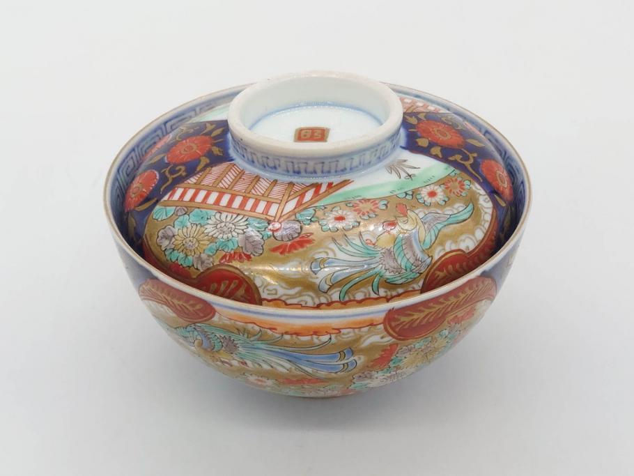 明治期　伊万里焼　色絵　桃印　鳳凰菊雷文　約12cm　4.1寸　色鮮やかな染付と金彩で装飾された豪華な蓋付き茶碗5客セット(金彩、器、どんぶり、和皿、和食器、四寸一分)(R-077415)