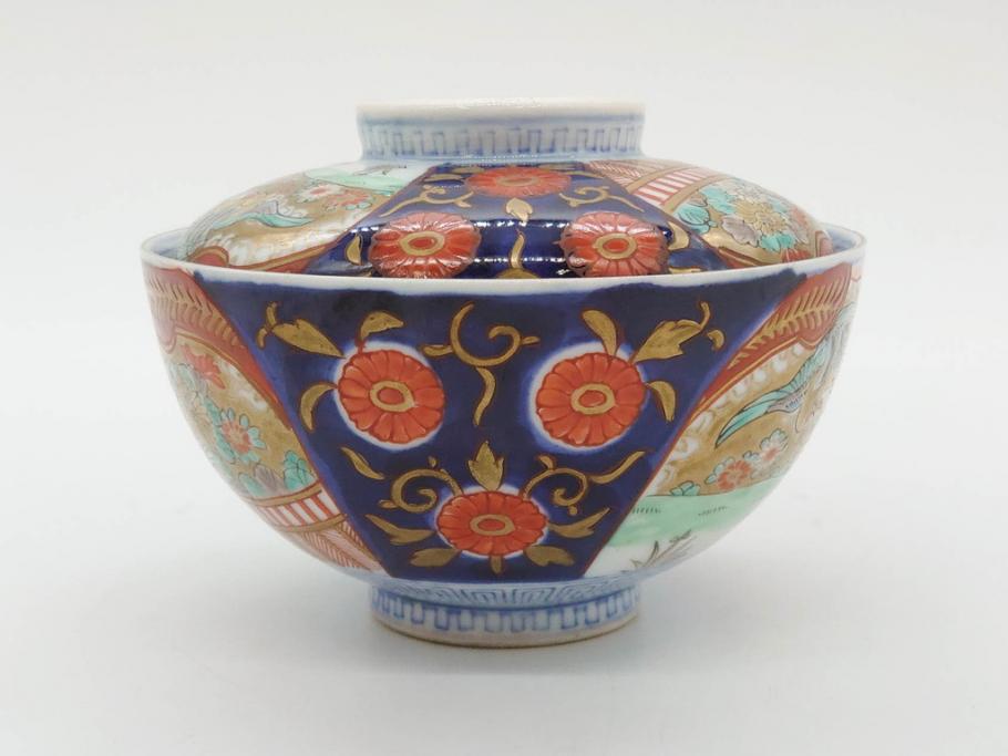 明治期　伊万里焼　色絵　桃印　鳳凰菊雷文　約12cm　4.1寸　色鮮やかな染付と金彩で装飾された豪華な蓋付き茶碗5客セット(金彩、器、どんぶり、和皿、和食器、四寸一分)(R-077415)