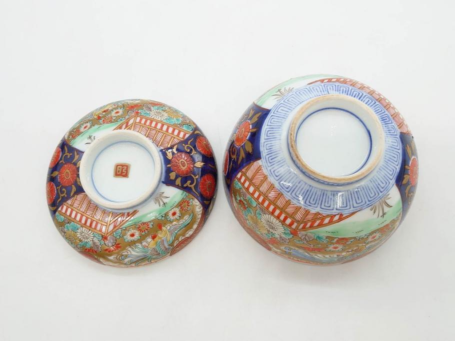 明治期　伊万里焼　色絵　桃印　鳳凰菊雷文　約12cm　4.1寸　色鮮やかな染付と金彩で装飾された豪華な蓋付き茶碗5客セット(金彩、器、どんぶり、和皿、和食器、四寸一分)(R-077415)