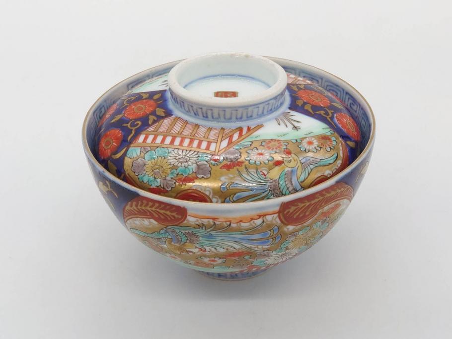 明治期　伊万里焼　色絵　桃印　鳳凰菊雷文　約12cm　4.1寸　色鮮やかな染付と金彩で装飾された豪華な蓋付き茶碗5客セット(金彩、器、どんぶり、和皿、和食器、四寸一分)(R-077415)