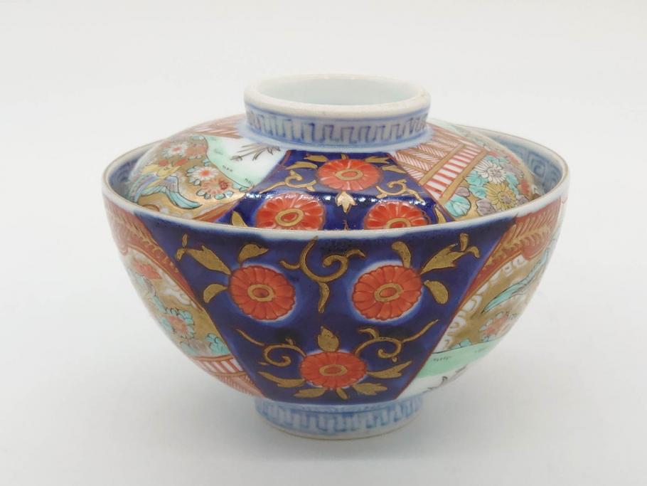 明治期　伊万里焼　色絵　桃印　鳳凰菊雷文　約12cm　4.1寸　色鮮やかな染付と金彩で装飾された豪華な蓋付き茶碗5客セット(金彩、器、どんぶり、和皿、和食器、四寸一分)(R-077415)