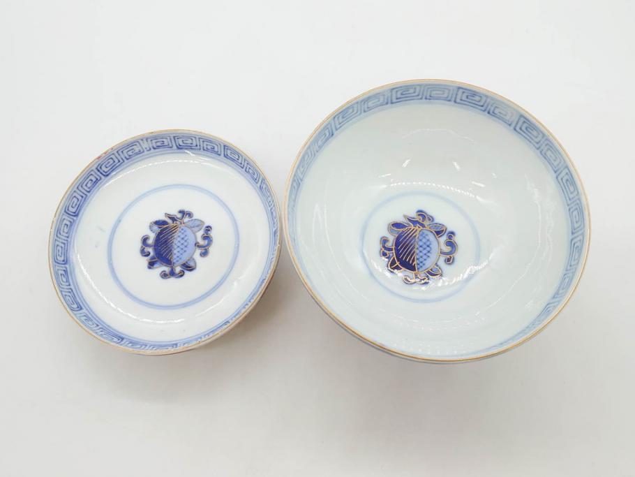 明治期　伊万里焼　色絵　桃印　鳳凰菊雷文　約12cm　4.1寸　色鮮やかな染付と金彩で装飾された豪華な蓋付き茶碗5客セット(金彩、器、どんぶり、和皿、和食器、四寸一分)(R-077415)