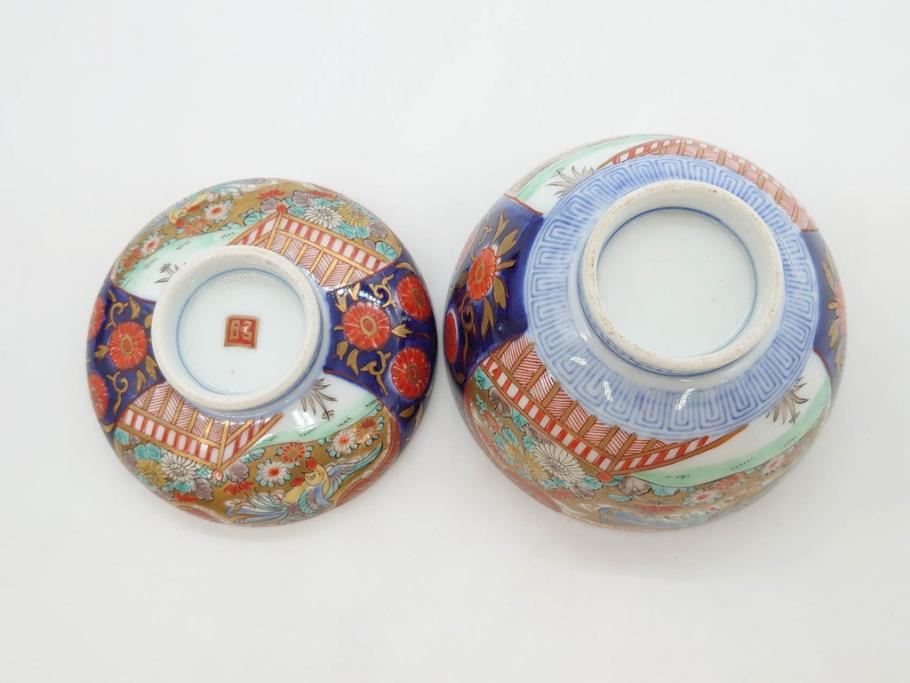 明治期　伊万里焼　色絵　桃印　鳳凰菊雷文　約12cm　4.1寸　色鮮やかな染付と金彩で装飾された豪華な蓋付き茶碗5客セット(金彩、器、どんぶり、和皿、和食器、四寸一分)(R-077415)