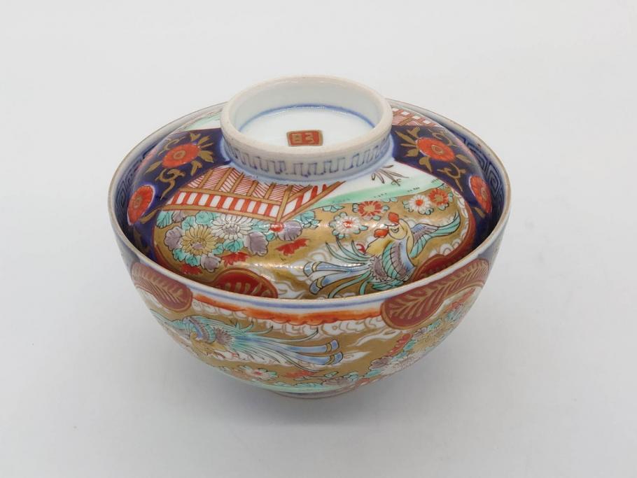 明治期　伊万里焼　色絵　桃印　鳳凰菊雷文　約12cm　4.1寸　色鮮やかな染付と金彩で装飾された豪華な蓋付き茶碗5客セット(金彩、器、どんぶり、和皿、和食器、四寸一分)(R-077415)