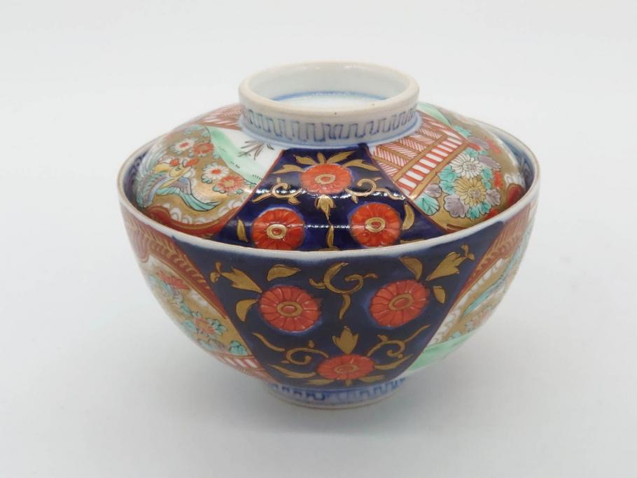 明治期　伊万里焼　色絵　桃印　鳳凰菊雷文　約12cm　4.1寸　色鮮やかな染付と金彩で装飾された豪華な蓋付き茶碗5客セット(金彩、器、どんぶり、和皿、和食器、四寸一分)(R-077415)