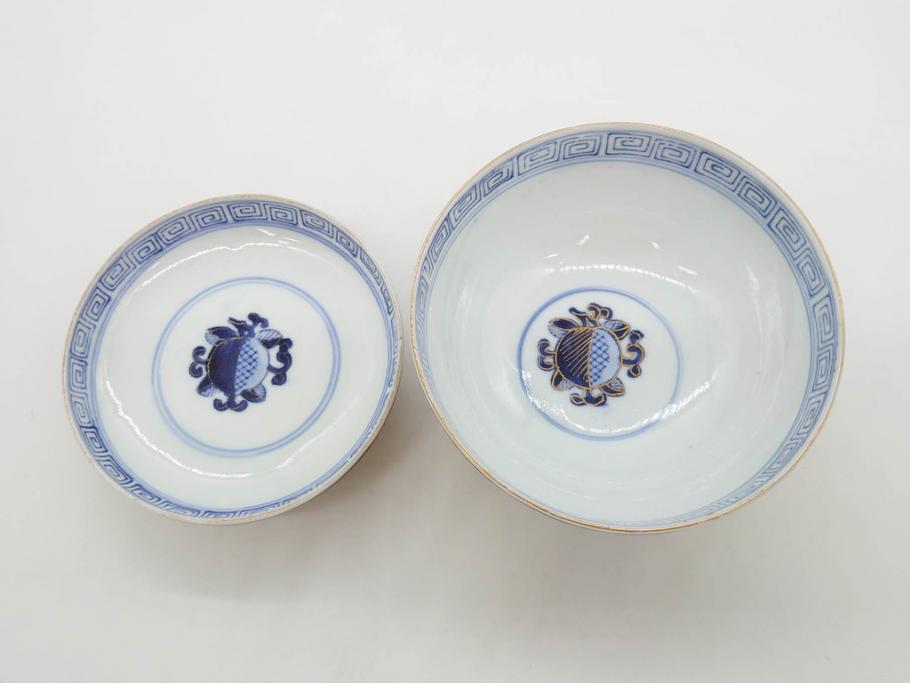 明治期　伊万里焼　色絵　桃印　鳳凰菊雷文　約12cm　4.1寸　色鮮やかな染付と金彩で装飾された豪華な蓋付き茶碗5客セット(金彩、器、どんぶり、和皿、和食器、四寸一分)(R-077415)