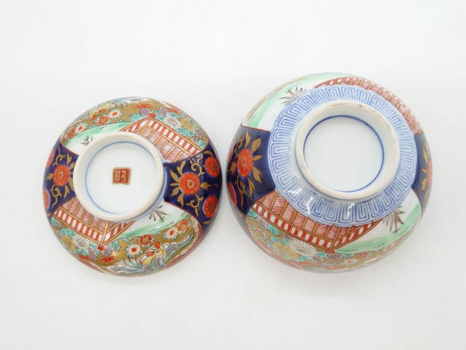 明治期　伊万里焼　色絵　桃印　鳳凰菊雷文　約12cm　4.1寸　色鮮やかな染付と金彩で装飾された豪華な蓋付き茶碗5客セット(金彩、器、どんぶり、和皿、和食器、四寸一分)(R-077415)