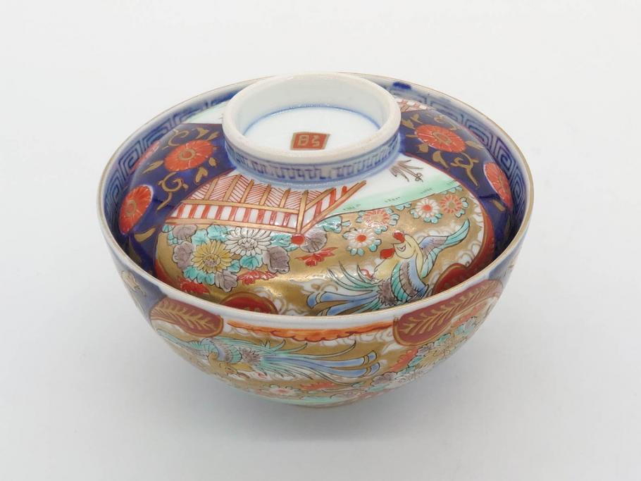 明治期　伊万里焼　色絵　桃印　鳳凰菊雷文　約12cm　4.1寸　色鮮やかな染付と金彩で装飾された豪華な蓋付き茶碗5客セット(金彩、器、どんぶり、和皿、和食器、四寸一分)(R-077415)
