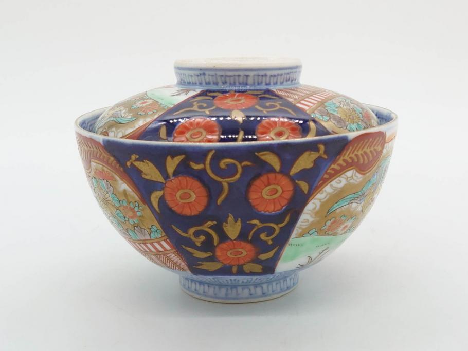 明治期　伊万里焼　色絵　桃印　鳳凰菊雷文　約12cm　4.1寸　色鮮やかな染付と金彩で装飾された豪華な蓋付き茶碗5客セット(金彩、器、どんぶり、和皿、和食器、四寸一分)(R-077415)