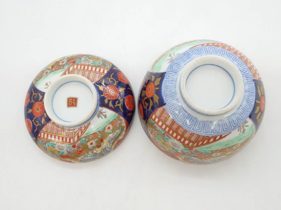 明治期　伊万里焼　色絵　桃印　鳳凰菊雷文　約12cm　4.1寸　色鮮やかな染付と金彩で装飾された豪華な蓋付き茶碗5客セット(金彩、器、どんぶり、和皿、和食器、四寸一分)(R-077415)