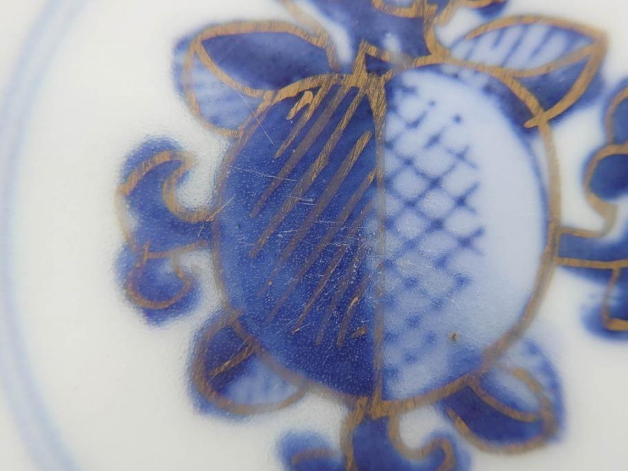 明治期　伊万里焼　色絵　桃印　鳳凰菊雷文　約12cm　4.1寸　色鮮やかな染付と金彩で装飾された豪華な蓋付き茶碗5客セット(金彩、器、どんぶり、和皿、和食器、四寸一分)(R-077415)