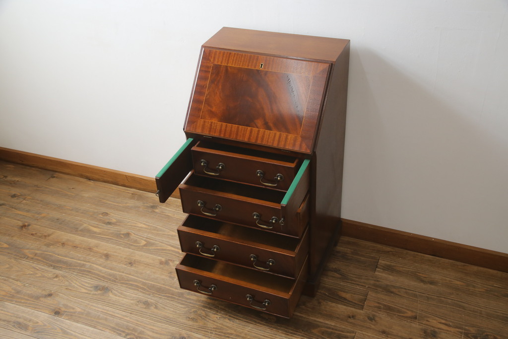 中古　イギリス輸入家具　マホガニー材　小振りなサイズが取り入れやすいライティングビューロー(簿記机、在宅用、在宅ワーク用、ワークデスク、サイドチェスト、引き出し、英国)(R-065649)