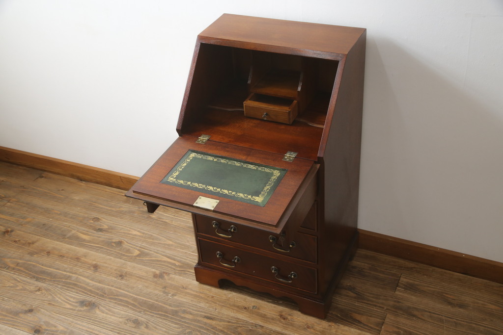 中古　イギリス輸入家具　マホガニー材　小振りなサイズが取り入れやすいライティングビューロー(簿記机、在宅用、在宅ワーク用、ワークデスク、サイドチェスト、引き出し、英国)(R-065649)
