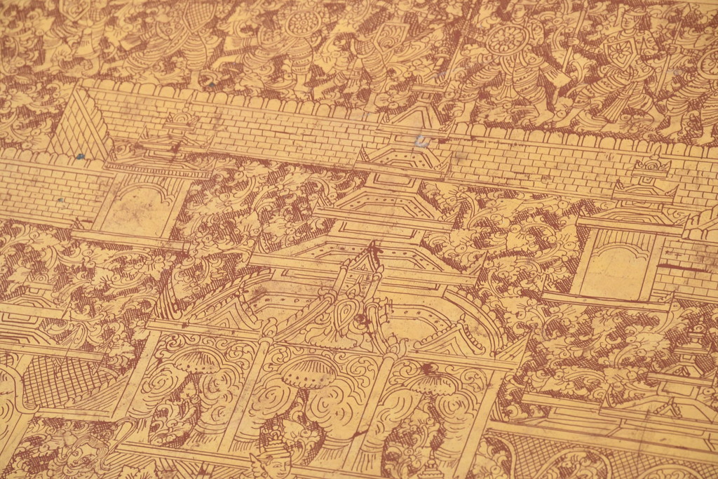アンティーク　東南アジア美術　タイ?　ビルマ?　工芸品　戦士と寺院建築が全面に描かれた精細な彫刻入りのブランケットボックス(木箱、コファー、収納箱)(R-082431)