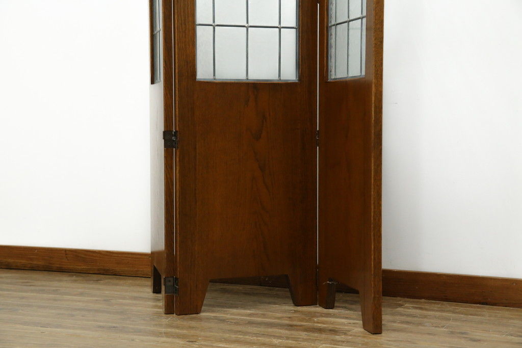 中古　美品　希少な廃番品　カントリーハウス　三連　クラシックな雰囲気と高級感のあるデザインが素敵なステンドグラス入りパーテーション(三越家具、衝立て、つい立て、3連、スクリーン)(R-084250)