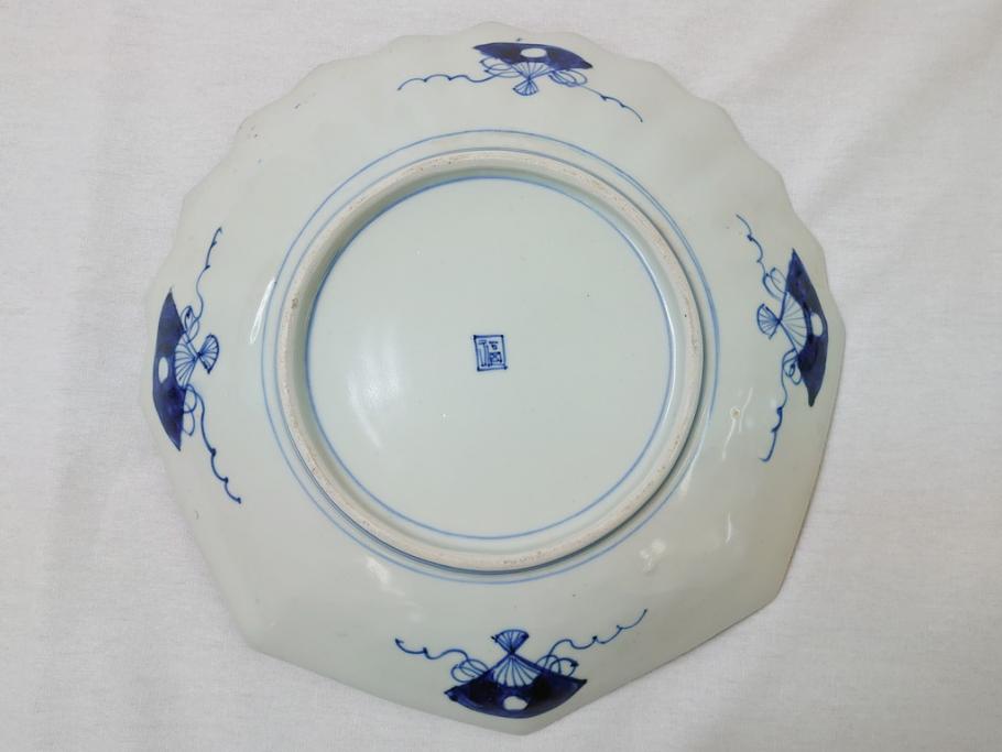 江戸期 古伊万里 色絵 角福 青海波文 8.6寸皿 約26cm 鮮やかな