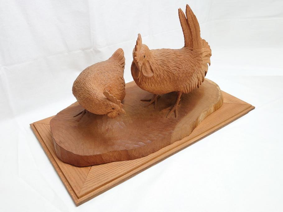 昭和初期　中村七十郎作　角刀　木の温かみを感じる木彫りの置物(チャボ、鳥、二羽、置き物、共箱付き、彫刻家、宮大工)(R-062371)