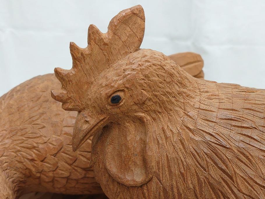昭和初期　中村七十郎作　角刀　木の温かみを感じる木彫りの置物(チャボ、鳥、二羽、置き物、共箱付き、彫刻家、宮大工)(R-062371)