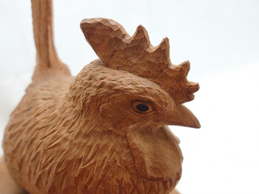 昭和初期　中村七十郎作　角刀　木の温かみを感じる木彫りの置物(チャボ、鳥、二羽、置き物、共箱付き、彫刻家、宮大工)(R-062371)