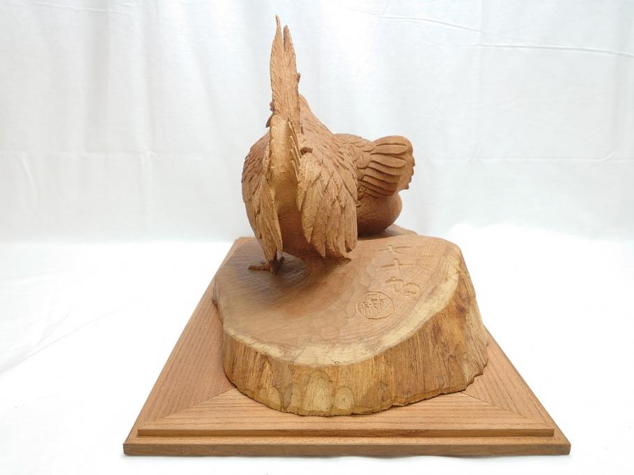 昭和初期　中村七十郎作　角刀　木の温かみを感じる木彫りの置物(チャボ、鳥、二羽、置き物、共箱付き、彫刻家、宮大工)(R-062371)
