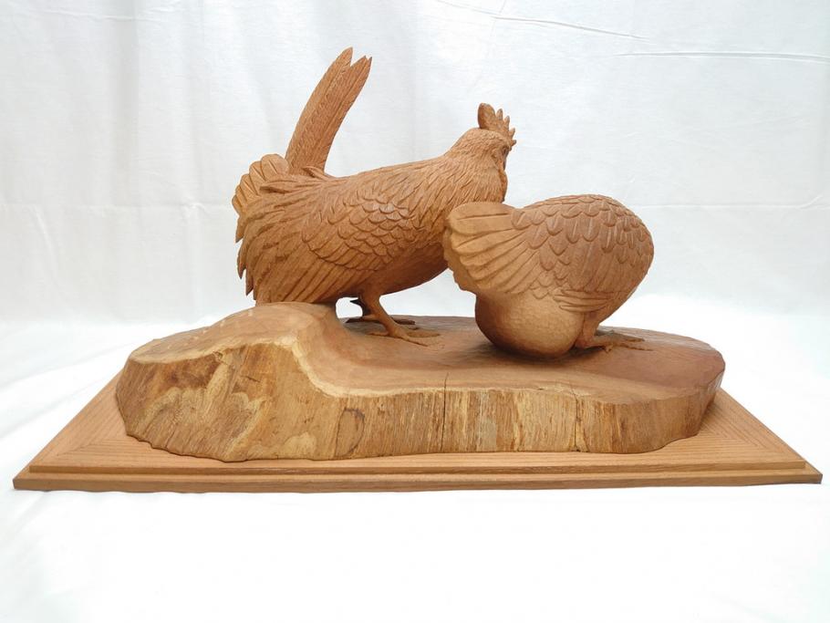 昭和初期　中村七十郎作　角刀　木の温かみを感じる木彫りの置物(チャボ、鳥、二羽、置き物、共箱付き、彫刻家、宮大工)(R-062371)